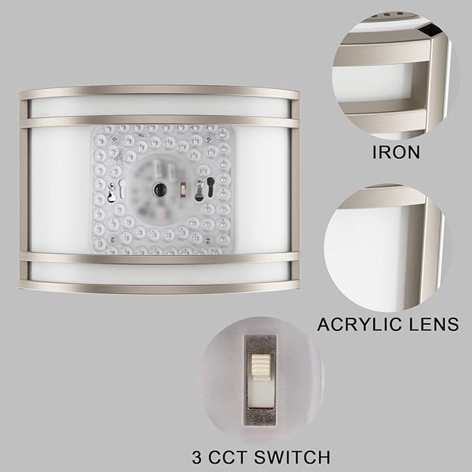 15W LED Indoor Wall Sconce, 3000K/4000K/5000K Color Temperature, Dimmable Modern Indoor Wall Mount Half Cylinder Light Fixture for Hallway Bedroom, Brushed Nickel