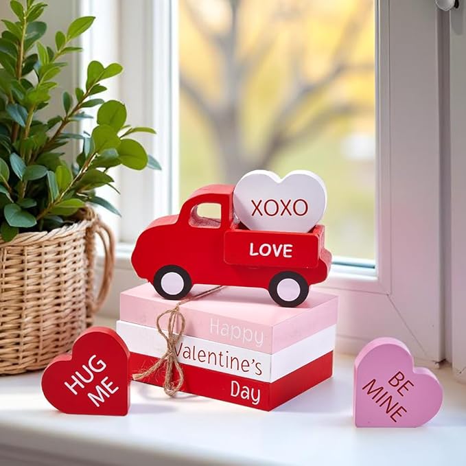 AKEROCK Valentines Day Decorations, Valentines Day Decor - Wooden Valentine Sign & Red Truck & 3 Heart Decor for Table, Tiered Tray, Office Desk, Mantel, Valentine Decorations for Home