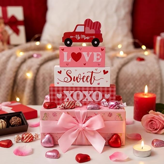 Valentine’s Day Decorations, 4 Pcs Wooden Valentine’s Day Table Decorations, Red Truck Tiered Tray Decor, Wooden Table Sign for Desk Shelf Mantel Centerpiece, Indoor Home Decor