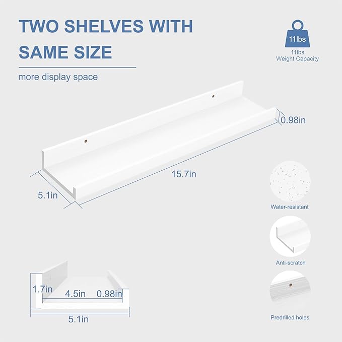 16inch Floating Picture Ledge Shelves 2-Pack, White Wall Mounted Shelves with Lip for Nursery, Kids Room, Living Room & Bedroom, Sturdy Floating Book Shelves for Photo Frames & Decor