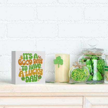 It's A Good Day to Have A Lucky Day Funny St Patricks Day Shamrock Decor Desk Decor Wooden Box Sign St Patricks Day Decorations Irish Blessing Wood Block Plaque Box Sign for Home Decoration