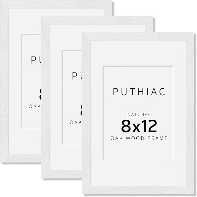 puthiac 8x12 Solid Oak Wood Picture Frame, Fits 6x8 with Mat or 8x12 Without Mat, Wall or Tabletop Display with Stand, Vertical or Horizontal, Plexi Front, 3 Pack, White