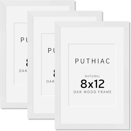 puthiac 8x12 Solid Oak Wood Picture Frame, Fits 6x8 with Mat or 8x12 Without Mat, Wall or Tabletop Display with Stand, Vertical or Horizontal, Plexi Front, 3 Pack, White