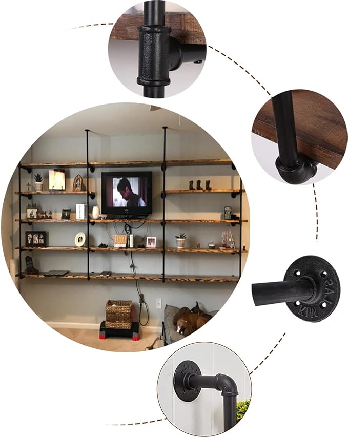 Industrial Wall Mount Iron Pipe Shelf Shelves Shelving Bracket Black Vintage Retro Ceiling Hung Shelf DIY Open Bookshelf Storage for offcie Room Kitchen (2PcsX5Tier,68