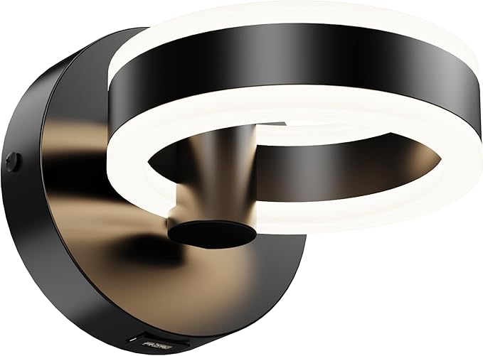LED Wall Sconces with ON/Off Switch, Matte Black Rotatable Hardwired Wall Light Fixtures, Built in USB Charging Port, Modern Wall Decor for Bed Lighting.