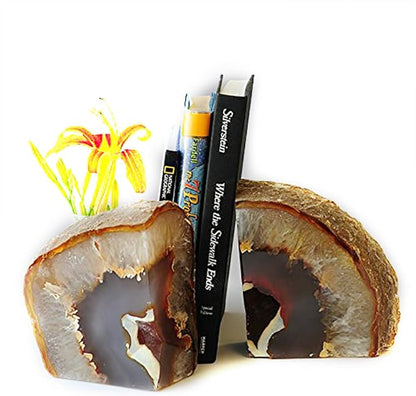 JIC Gem 1 Pair(4 to 6 Lbs) Natural Agate Bookends Decorative geode Book Ends for Heavy Books with Rubber Bumpers for Shelves and Office Decoration