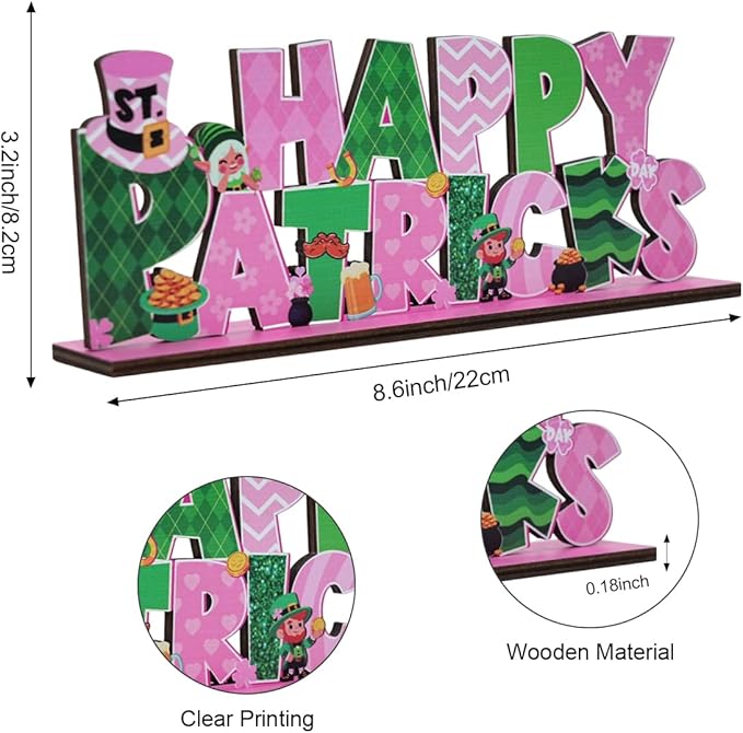 St Patricks Day Decor for Table Happy St Patrick's Day Decoration Wooden Centerpieces Rustic Farmhouse Sign for Tabletop Home Shelf Office St Patricks Day Party Decoration Pink
