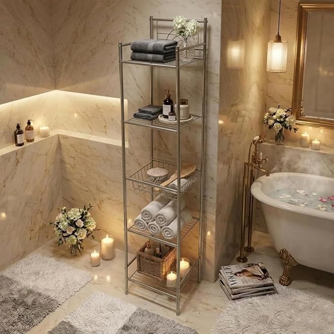 Bath Bliss 5 Tier Storage Shelf | 13"x 11.6"x 58.5" | Freestanding | Bathroom Storage | Rust Resistant | Easy Assemble | Satin