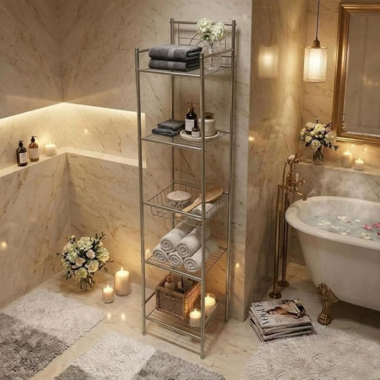 Bath Bliss 5 Tier Storage Shelf | 13"x 11.6"x 58.5" | Freestanding | Bathroom Storage | Rust Resistant | Easy Assemble | Satin