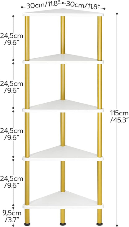 HOOBRO Corner Shelf Stand, Industrial 5-Tier Wall Corner Bookshelf with Metal Frame, Plant Display Shelf, Bookcase for Small Spaces, Bedroom, Living Room, White and Gold DW33CJ01