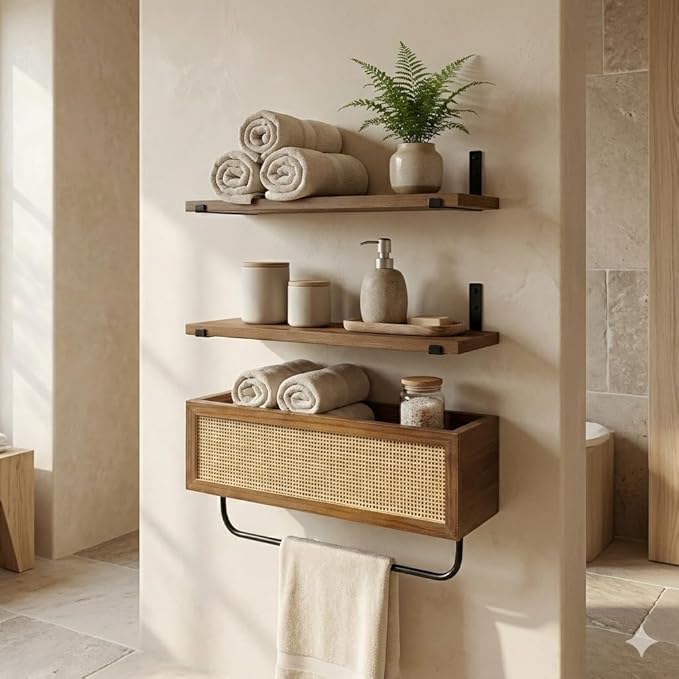 Autumn Alley Modern Organic Floating Shelves for Bathroom – Above Toilet Shelves with Rattan Basket Caning Organizer, Wood Floating Shelf Storage, Wall Shelves Bathroom Décor, 3 Tier