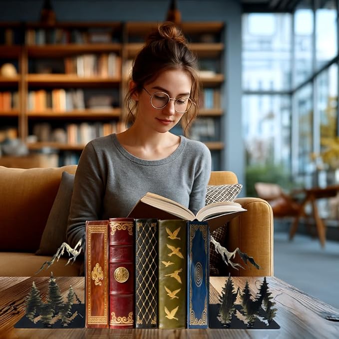 Vintage Gold Mountain Bookends – Hand-Painted Metal Forest Book Ends for Shelves, Rustic Cabin Decor Book Holders, Heavy Duty Book Stoppers with Golden Mountain & Pine Trees Design