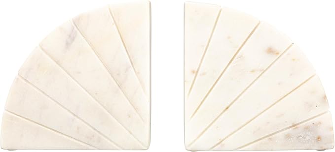 Creative Co-Op Modern Arched Semicircle Marble Bookends with Carved Detail, Set of 2, White