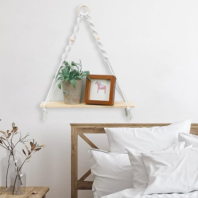Artilady Macrame Wall Hanging Shelf - Boho Wood Wall Shelves with Wood Beads, Farmhouse Floating Shelf Rustic Hanging Plant Shelf for Bedroom Living Room Preppy Room Nursery Decor