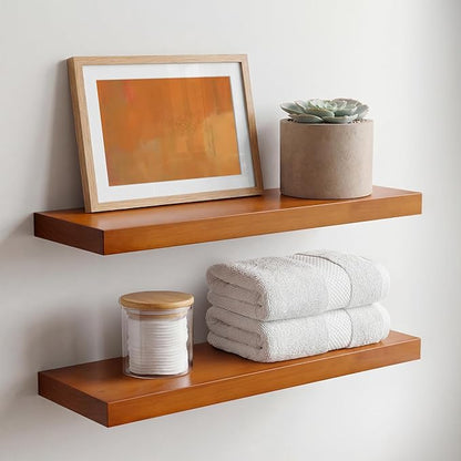 Homeforia 20 inch Floating Shelf Oak, High End Solid Real Wood 20inch Long Floating Shelves for Wall Mounted, Honey Oak Wooden 20in Floating Shelves, Heavy Duty Bracket, 20 X 6.5 X 1.75 inch, Set of 4