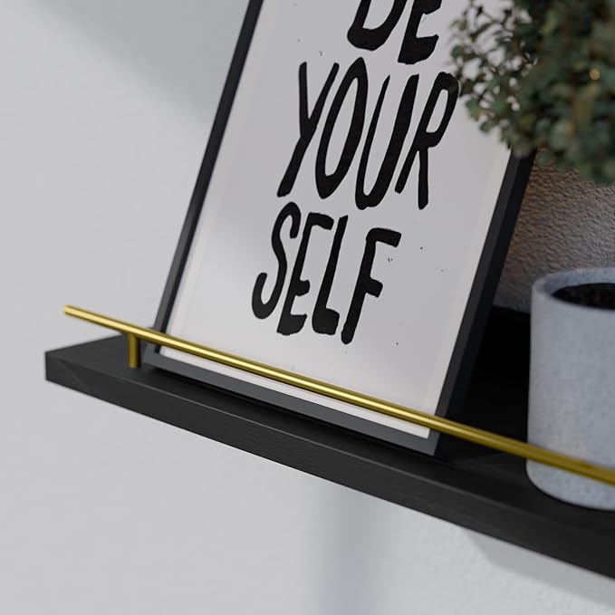 WOPITUES Floating Shelves with Gold Metal Guardrail, Shelves for Wall Decor Set of 3, Wall Shelves for Bedroom, Bathroom, Kitchen, Living Room, Plants, Picture Frames, Art- Black and Gold