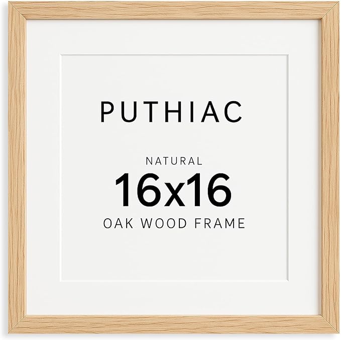 puthiac 16x16 Solid Oak Wood Picture Frame, Fits 12x12 with Mat or 16x16 Without Mat, Wall Display Only, Plexi Front, 1 Pack, Natural Oak