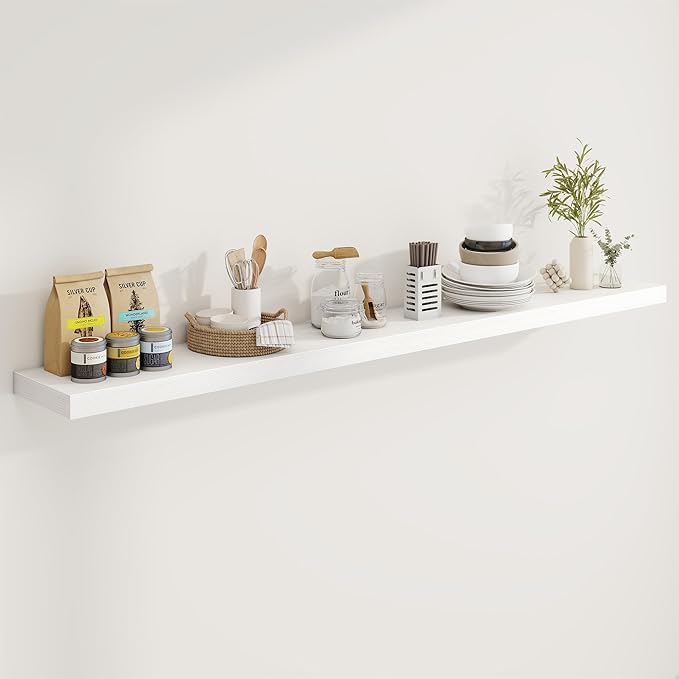 72in Floating Shelves for Wall, 72"W x 9.25"D x 1.5"H, Long Wall Mounted Engineered Wood Shelves with Invisible Brackets for Living Room, Bedroom, Bathroom, Kitchen Decor and Storage, White
