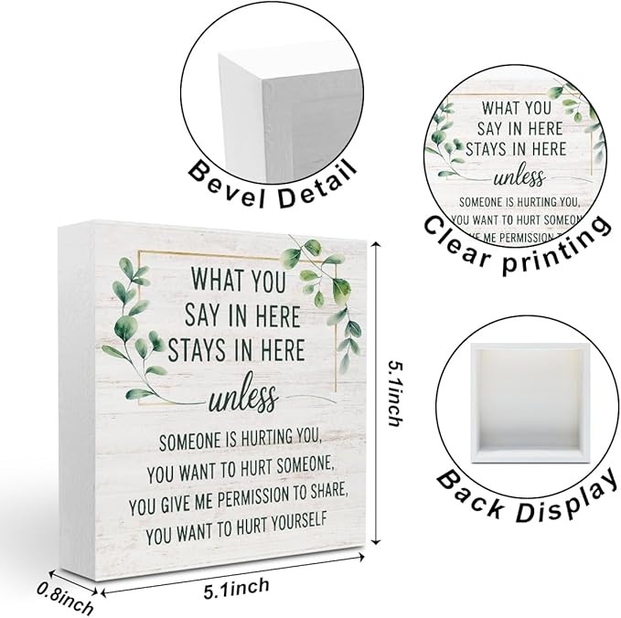 Mental Health Wood Box Sign, Inspirational Wooden Box Sign Therapy Office Decor, Inspirational Counselor Desk Decorative Signs, What You Say In Here Stays in Here Sign Gifts for Coworkers Therapist