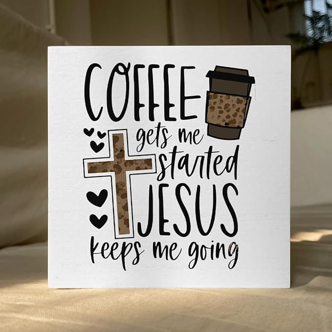 Christian Coffee Decor Wood Sign, Farmhouse Kitchen Wall Art with Inspirational Quote, Religious Rustic Wood Box for Coffee Bar, Shelf, Desktop