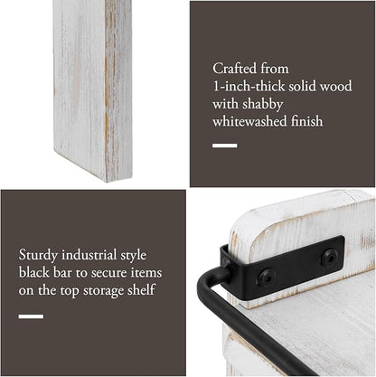 MyGift 33 Inch Wide Over The Stove Top Spice Shelf, Shabby White Washed Solid Wood and Industrial Black Metal Space Saving Stovetop Range Storage Display Rack