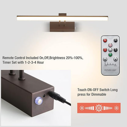 Wireless Picture Light, 5200mAh Battery Picture Light with Remote, Rechargeable Display Light,16" Metal Art Light for Wall Art Paintings,Gallery, Portrait (Bronze)