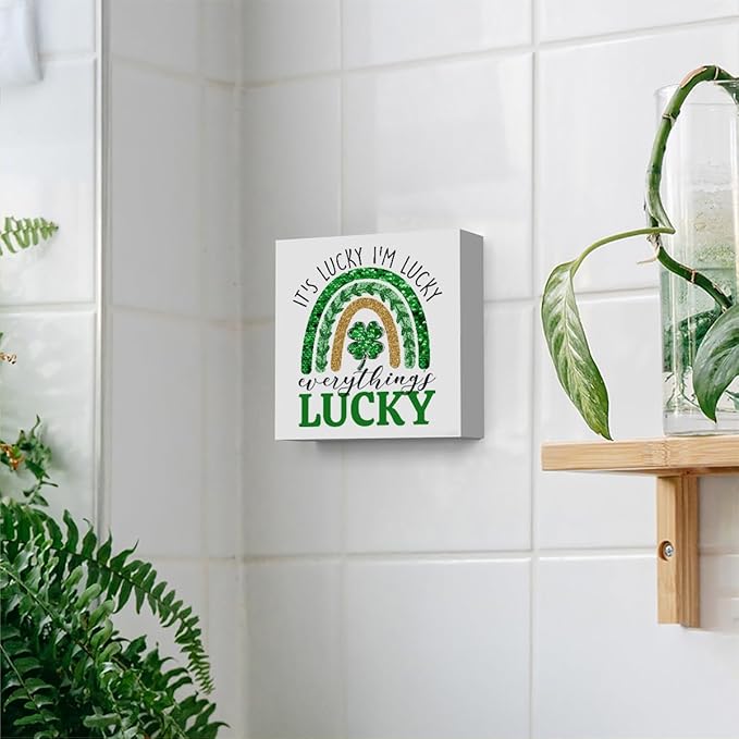 It's Lucky I'm Lucky Everything Lucky Funny St Patricks Day Shamrock Decor Desk Decor Wooden Box Sign St Patricks Day Decorations Irish Blessing Wood Block Plaque Box Sign for Home Decoration