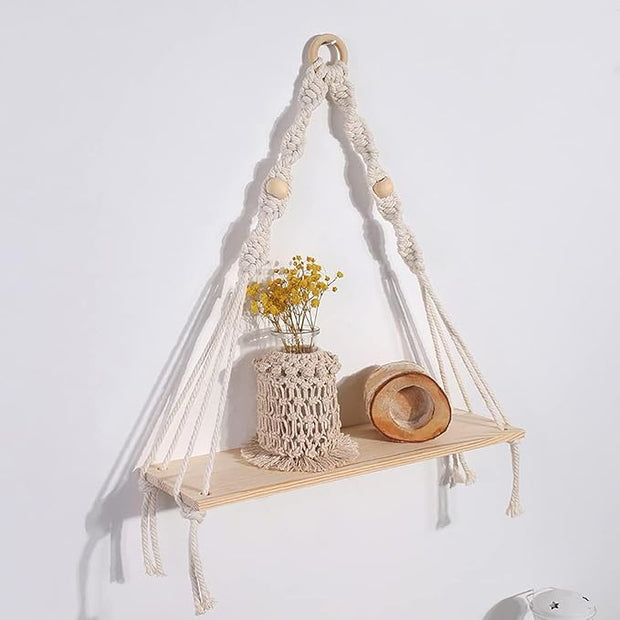 Artilady Macrame Wall Hanging Shelf - Boho Wood Wall Shelves with Wood Beads, Farmhouse Floating Shelf Rustic Hanging Plant Shelf for Bedroom Living Room Preppy Room Nursery Decor
