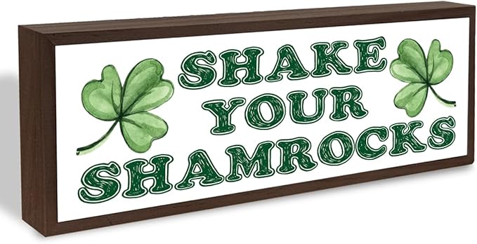 Shamrocks Decor, Shake Your Shamrocks Sign, Farmhouse Wooden Box Sign, Desk Decor Art, St Patricks Day Decoration for Home Office Coffee Bar, Irish Gift for Women Men, 9.5x3.1x1 inches