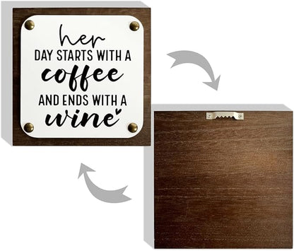Coffee Wine Sign, Funny Wood Sign, Wooden Box Signs Decors Art, Farmhouse Decor for Shelf, Home Decor Accent, Gift for Her, Her Day Starts With A Coffee and Ends With A Wine Signs