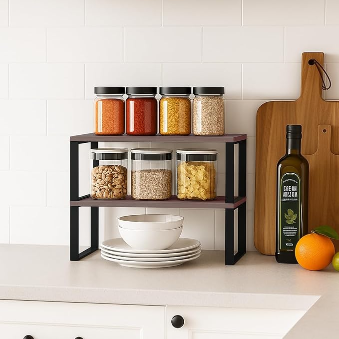 Sben Cabinet Organizer Shelf, Set of 2 Kitchen Counter Shelves, Kitchen Storage, Spice Rack, Stackable, Expandable, Metal and Engineered Wood, Ink Black and Brown Surface