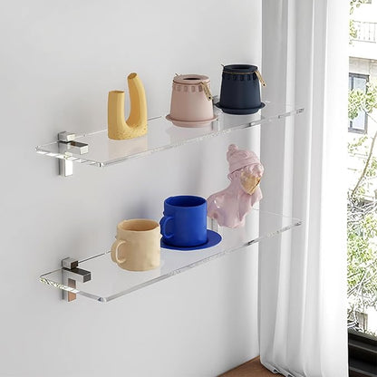Clear Acrylic Shelf, Set of 2 Invisible Wall Shelves Wall Mounted Display Shelf, Floating Shelves for Bathroom, Bedroom, Living Room, Kitchen, Office (15.7 Inch Set of 2)