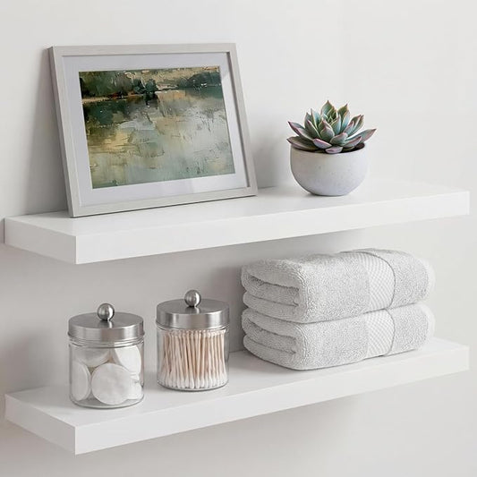 Homeforia White Floating Shelves 24 inch, High End Solid Real Wood 24inch Bathroom Floating Shelf for Wall Mounted, White Wooden 24in Floating Shelves, Heavy Duty Bracket, 24 X 6.5 X 1.75 in, Set of 4