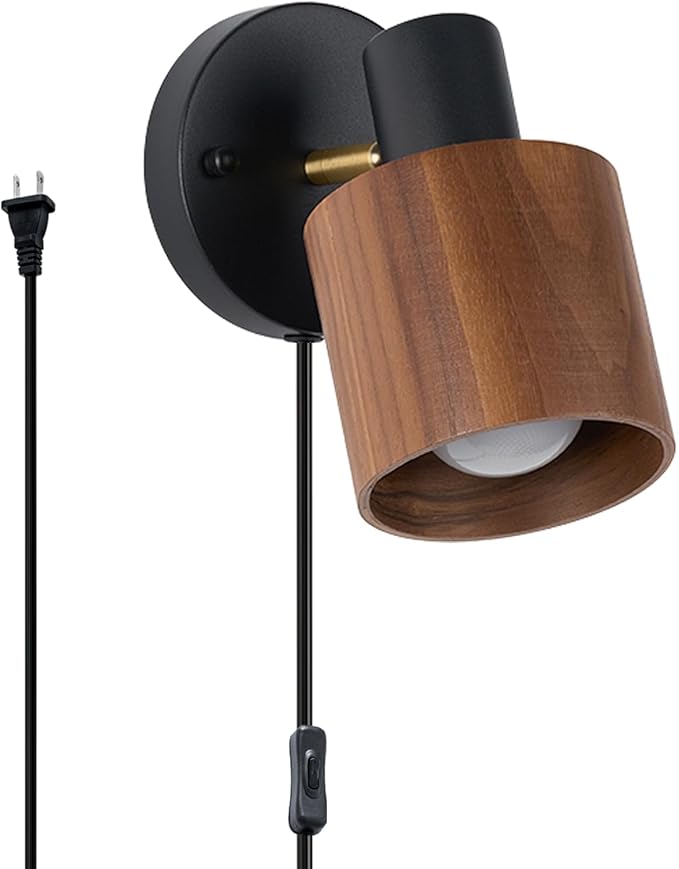Modern Black Plug in Wall Lamp, Real Dark Wood Wall Sconces Lighting, for Living Room, Bedroom, Guest Room, E26 Base