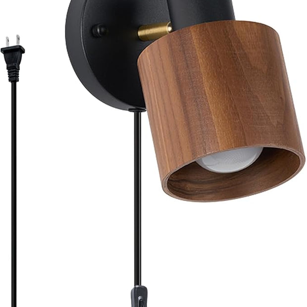 Modern Black Plug in Wall Lamp, Real Dark Wood Wall Sconces Lighting, for Living Room, Bedroom, Guest Room, E26 Base