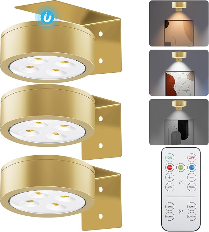 Picture Lights for Wall, 3 Lighting Modes Magnetic Art Display Light,Battery Operated Led Painting Light with Remote Control Dimmable & Timer,3Pack Gold