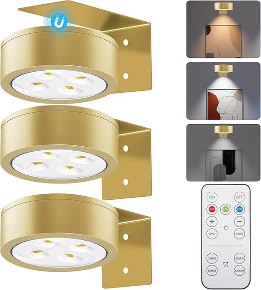 Picture Lights for Wall, 3 Lighting Modes Magnetic Art Display Light,Battery Operated Led Painting Light with Remote Control Dimmable & Timer,3Pack Gold