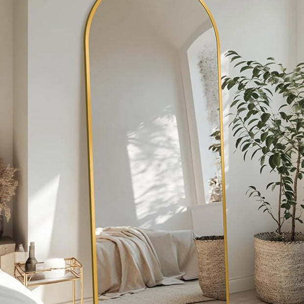 Full Length Mirror with Stand, 58"x19" Arched Full Body Mirror, Large Stand Up Aluminum Frame Floor Freestanding Hanging Leaning Mounted for Bedroom Living Room Entryway Gold