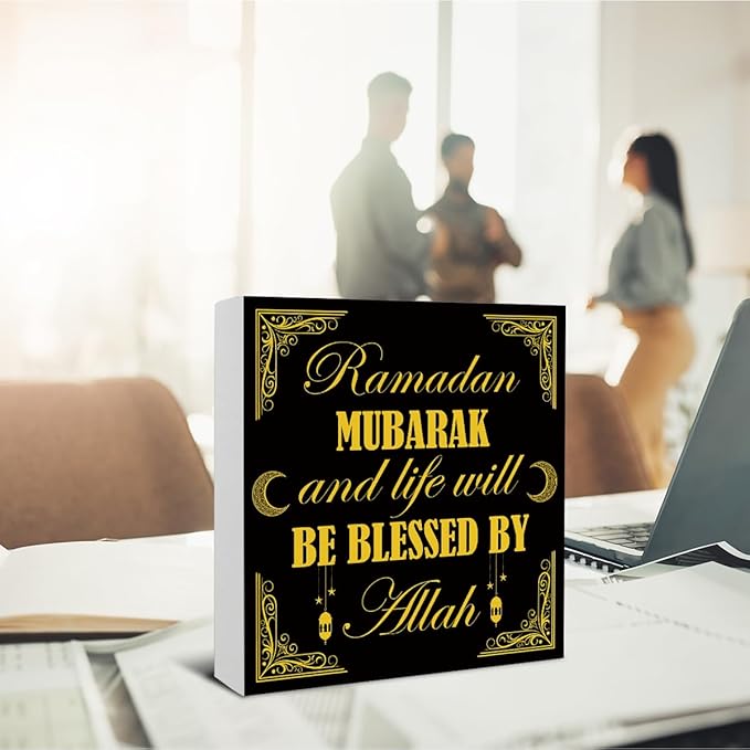 Ramadan Decorations - Islamic Decor - Ramadan Mubarak Wooden Sign Home Office Living Room Bedroom Kitchen Bathroom Desk Table Shelf Wall Decor - 5 x 5 Inches