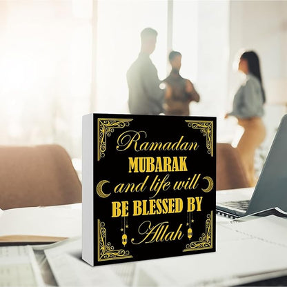Ramadan Decorations - Islamic Decor - Ramadan Mubarak Wooden Sign Home Office Living Room Bedroom Kitchen Bathroom Desk Table Shelf Wall Decor - 5 x 5 Inches