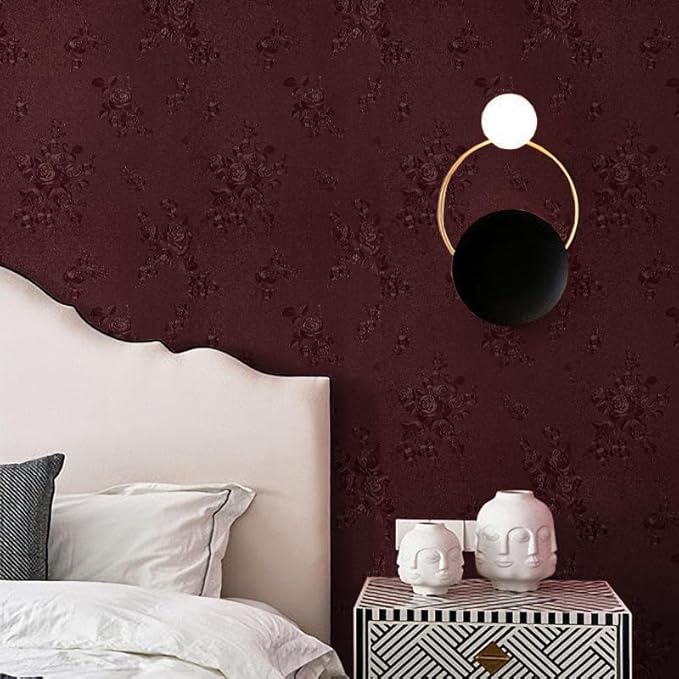 Dark Red Peel and Stick Wallpaper Floral Textured Wallpaper 17.7inch x 78.7inch Red Embossed Contact Paper Self Adhesive for Shelf Liner Crimson Flower Removable Wall Paper Decor Vinyl