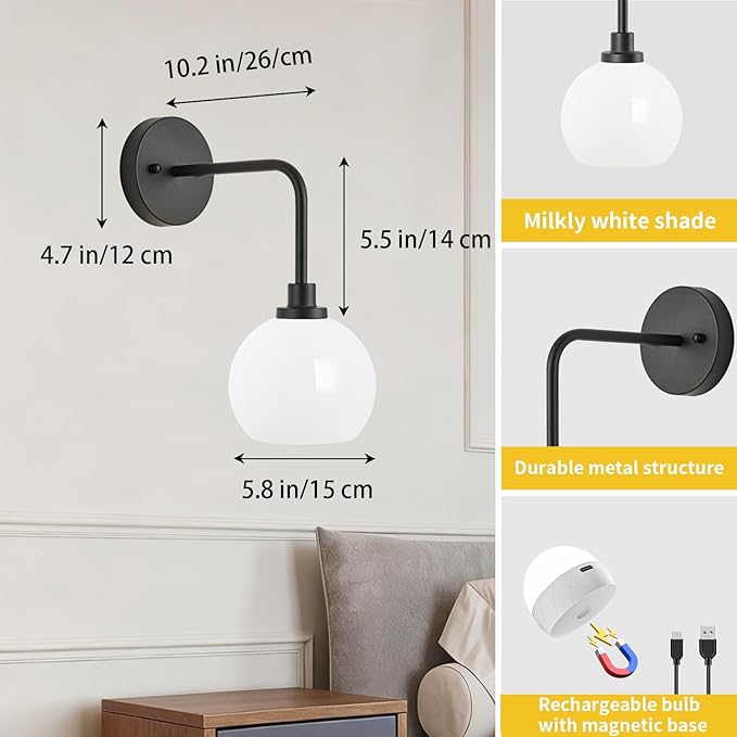 Battery Operated Wall Sconces Set of 2, Black Rechargeable Wireless Wall Lights with Milky White Shade, 12 RGB and 3CCT Dimmable Wall Lamps with Remote for Bedroom Living Room Hallway