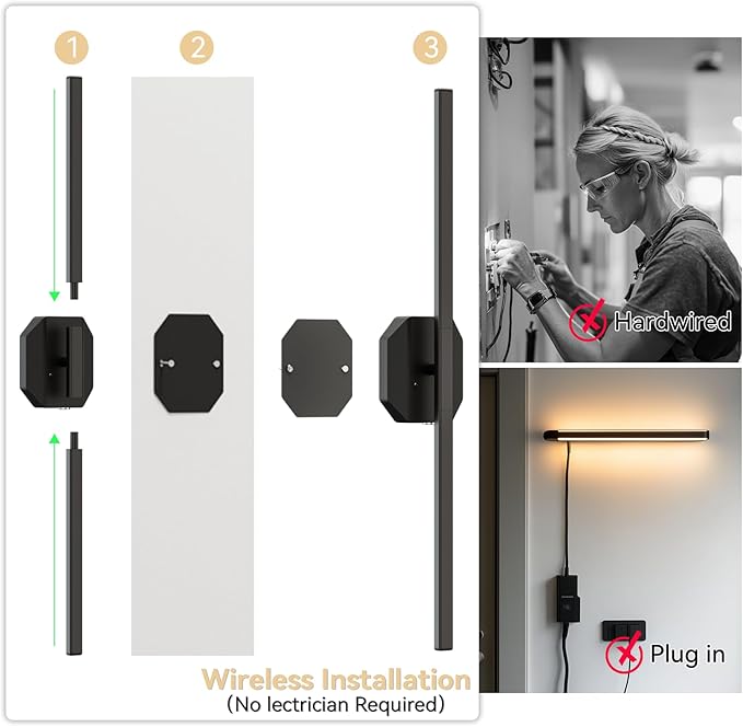 Wall Sconces Set of Two Battery Operated Wall Sconce,Wireless Wall Light USB Rechargeable Wall Light with Remote Control,3000K-6000K Dimmable for Bedroom,Living Room,Hallway,Background Wall Decor 32in