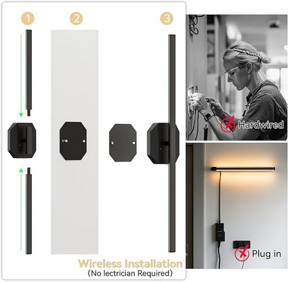 Wall Sconces Set of Two Battery Operated Wall Sconce,Wireless Wall Light USB Rechargeable Wall Light with Remote Control,3000K-6000K Dimmable for Bedroom,Living Room,Hallway,Background Wall Decor 32in