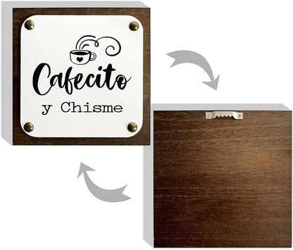 Cafecito Y Chisme Sign, Spanish Coffee Sign, Wooden Box Signs Decors Art, Coffee Table Art, Spanish Home Kitchen Decoration for Coffees Lovers, Coffees Station Decors