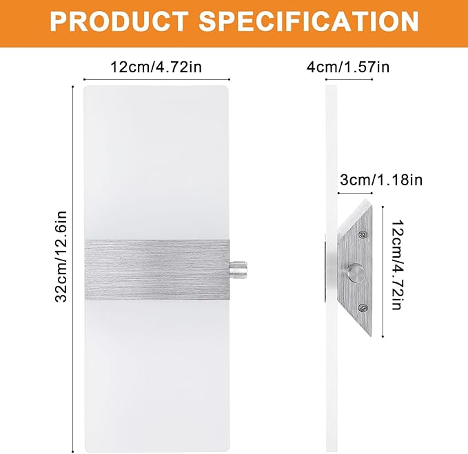 LIGHTESS Dimmable Wall Sconce Set of 2 with Dimmer Switch, Modern LED Wall Lamp 12W for Hallway Bedroom Living Room, Warm White, HS