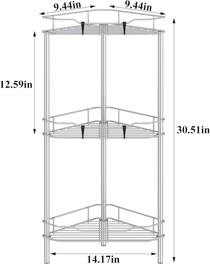 3 Tier Floor Standing Corner Shower Caddy Organizer Shelf with Hooks, Bathroom Shelves Stand Rack, Silver