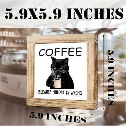 Funny Wood Coffee Sign Coffee Because Murder Is Wrong Humorous Coffees Sign Wall Art For Kitchen Office Bar Rustic Square Cafe Decor Plaque Coffees Themed Wall Decoration 5.9x5.9 Inch