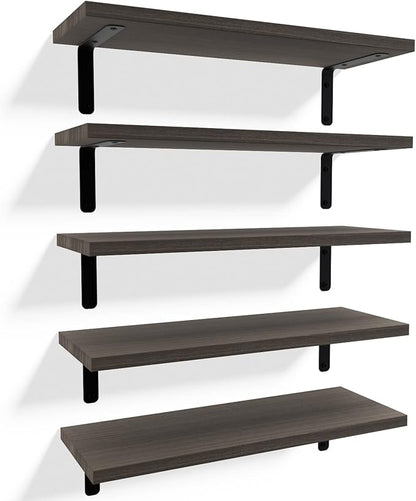 RICHER HOUSE Floating Shelves for Wall Décor, Rustic Wood Wall Mounted Shelves for Bedroom Set of 5, Farmhouse Shelf for Bathroom, Hanging Shelves for Storage - Deep Brown