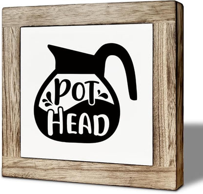 Coffee Bar Wooden Sign, Pot Head Decoration, Farmhouse Cafe Wood Sign, Square Wood Block Signs Table Decor for Coffee Bar Corner Shop Kitchen Dining Room, Funny Cafe Decor